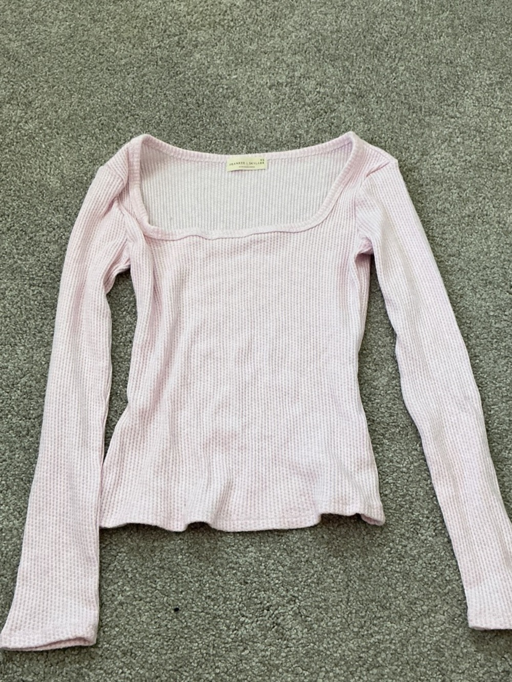 Soft Light Pink Ribbed Square-Neck Long Sleeve Top
